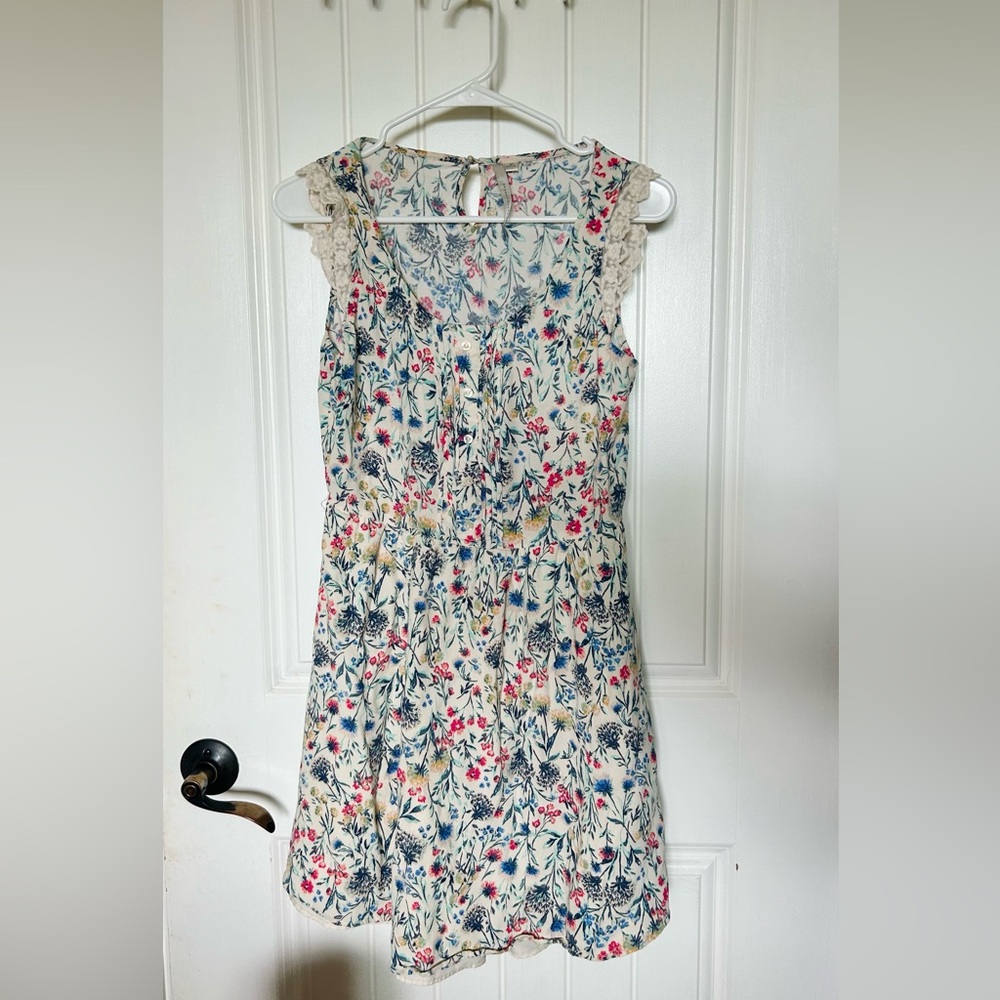 Floral Lace Trim Sleeveless Dress - Cream with Pink & Blue Flowers Lauren Conrad
